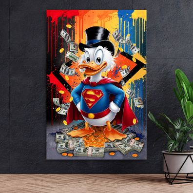 Wandbild, Superman Dagobert Duck Geld, Pop Art Kunst Leinwand, Acrylglas oder Poster