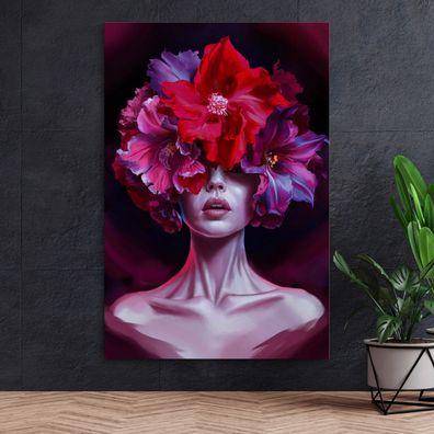 Wandbild, Abstrakte Frau mit Blumen im Kopf Kunst, Leinwand, Acrylglas oder Poster