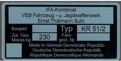 Typenschild Simson KR 51/2, Alu, Blanko, Neu, Ost Moped, DDR Oldtimer, Plakette