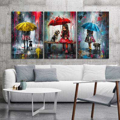3er Set Banksy Kind mit Regenschirm, Pop Art Bilder, Moderne Leinwand Kunst, Umbrella