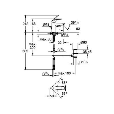 GROHE EH-WT-Batterie Eurosmart 23459 3 S-Size Niederdruck Zugst.-Abl. grt. chrom