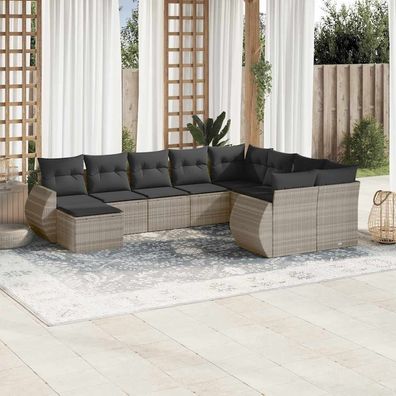 vidaXL 10-tlg. Garten-Sofagarnitur mit Kissen Hellgrau Poly Rattan