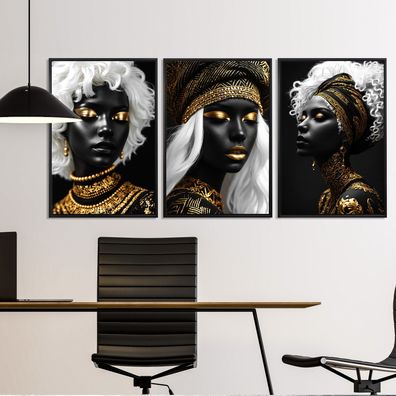3er Set Wandbild, Schwarzes Gold Mode Frau Kunst Poster, Leinwand, Acrylglas Luxus