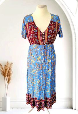 Sommer Maxikleid Kleid kurzarm Volant V-Ausschnitt Blumenprint Blau/Bunt Gr. M/L
