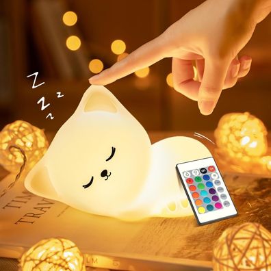 LED USB Nachtlicht Kinder 16 Farben, Silikon Katzenlampe mit Fernbedienung & Touch