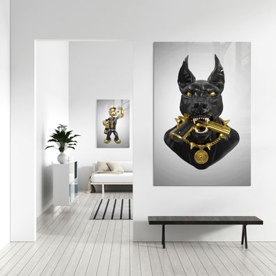 Luxus Goldene Wandbild, Dobermann mit Pistole, Luxusmarke Leinwand, Acrylglas, Poster