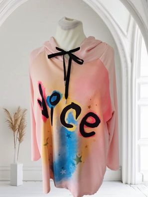 Italy 42 44 46 Hoody Sweater Tunika Kapuze Soft Touch Langarm NICE Print Rosa