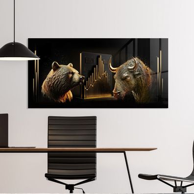 Panorama Wandbild, Bear and Bull Forex Bitcoin Market Kunst Bild, Leinwand, Acrylglas
