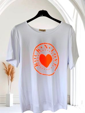 Italy 38/40 Trend T-Shirt Shirt Weiß Kurzarm Print in Neon Orange Herz Rock N Love