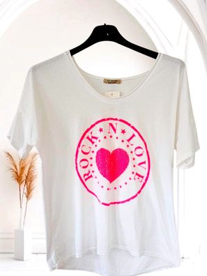 Italy 38/40 Trend T-Shirt Shirt Kurzarm Print in Neon Pink mit Glitzer Nieten Weiß