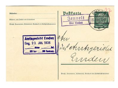 Landpoststempel Jennelt über Emden auf Ganzsache vom 23.01.36