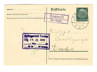 Landpoststempel Jennelt über Emden auf Ganzsache vom 24.07.36