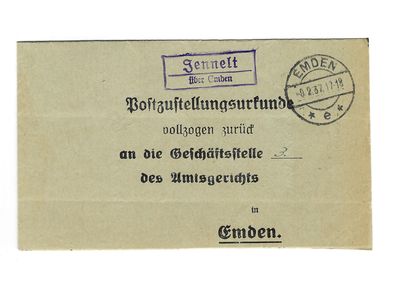 Landpoststempel Jennelt über Emden auf Postzustellungsurkunde vom 09.02.37