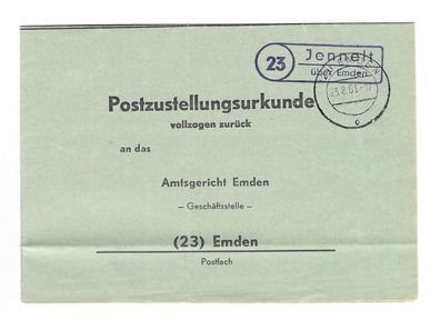 Landpoststempel 23 Jennelt über Emden auf Postzustellungsurkunde vom 23.08.61