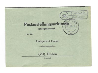 Landpoststempel 23 Jennelt über Emden auf Postzustellungsurkunde vom 18.01.62