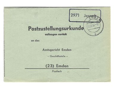 Landpoststempel 2971 Jennelt-Emden auf Postzustellungsurkunde vom 22.06.62