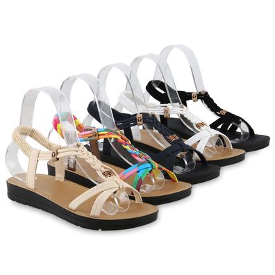 VAN HILL Damen Sandalen Riemchensandalen Zierperlen Profil-Sohle Schuhe 840107