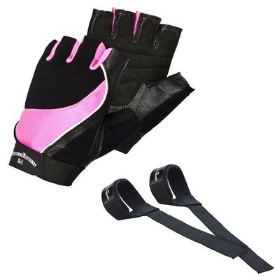 Damen Trainingshandschuhe Fitnesshandschuhe Leder XS-L "PINK LADY" + Zughilfen Straps