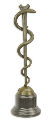 Bronzefigur Bronzeskulptur Äskulapstab Schlange aus Bronze auf Marmorsockel H 38 cm
