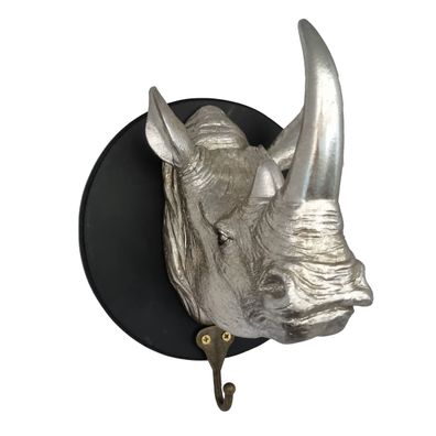 Nashorn Schädel Silber Polyresin Holzplatte Ø 19,5 cm Wanddeko