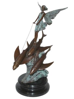 Bronzefigur Fee auf Fischen reitend Höhe 37,5 cm Bronzeskulptur Elfe Jugendstil