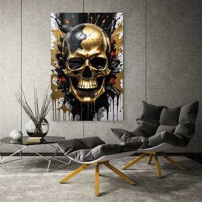 Wandbild, Abstrakter Totenkopf in Gold, Schädel Kunst Poster, Leinwand, Acrylglas