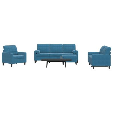 vidaXL 4-tlg. Sofagarnitur mit Kissen und Nackenrollen Blau Samt