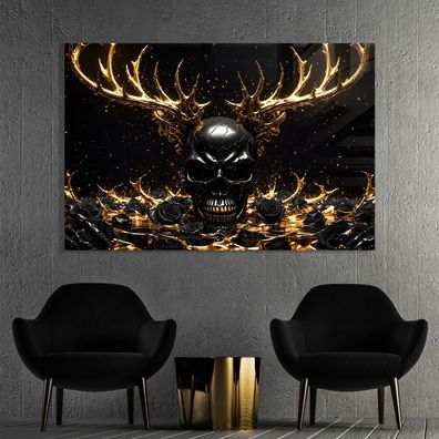 Wandbild, Abstrakter Totenkopf mit Hirschgeweih Kunst Poster, Leinwand, Acrylglas b2