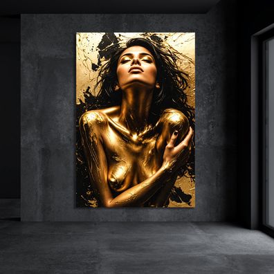 Frau mit goldenen Farben, Erotisches Wandbild Kunst Leinwand, Acrylglas, Poster vg4w