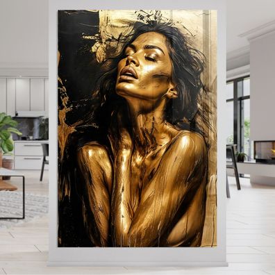Modefrau mit goldenem Make-up - Wandbild Kunst Leinwand, Acrylglas, Poster Deko v8u