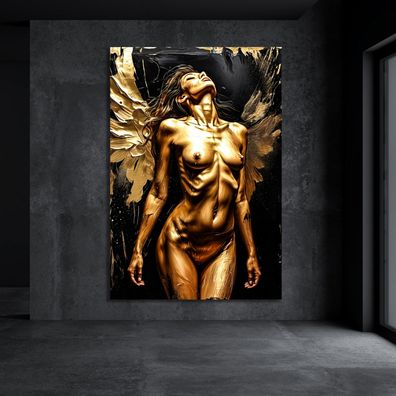 Frau mit Engelsflügeln, Erotische Gold Wandbild Kunst Leinwand, Acrylglas, Poster b3