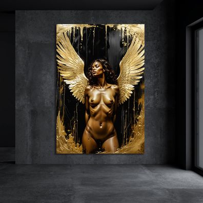 Frau mit Engelsflügeln, Erotische Gold Wandbild Kunst Leinwand, Acrylglas, Poster b7