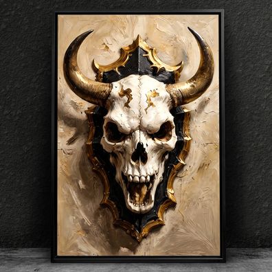 Abstrakter Skelettschädel mit Hörnern Wandbild Kunst Leinwand, Acrylglas, Poster Deko