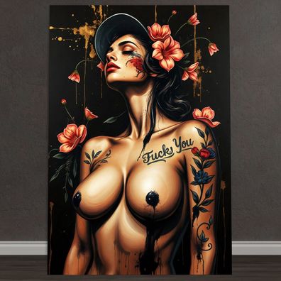 Erotische Frau, Blumen - Tattoo, Wandbild Kunst Leinwand, Acrylglas, Poster