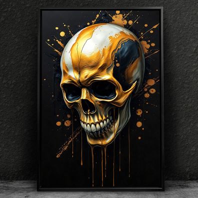Abstrakter Totenkopf in Gold, Skull Wandbild Kunst Leinwand, Acrylglas, Poster