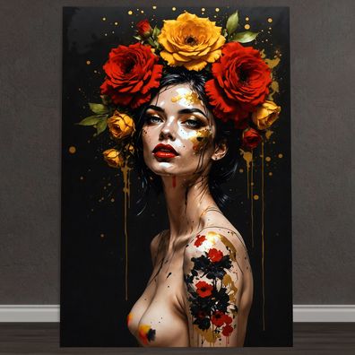 Erotische Frau, Blumen - Tattoo, Wandbild Kunst Leinwand, Acrylglas, Poster vr