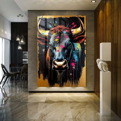 Abstrakter Stier, Tier Wandbild Kunst Leinwand, Acrylglas oder Poster Deko v3
