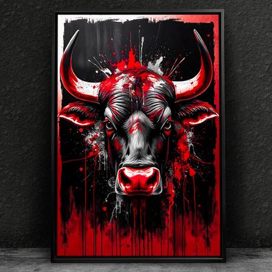 Abstrakter Stier in Rot, Tier Wandbild Kunst Leinwand, Acrylglas oder Poster v3