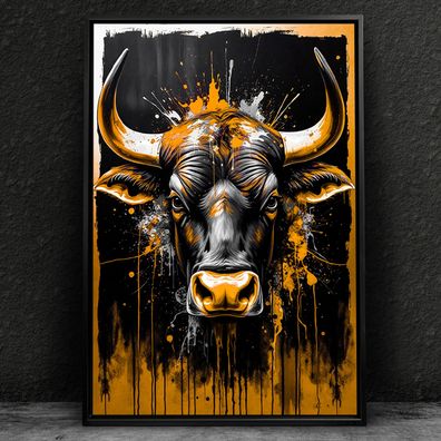 Abstrakter Stier in Gold, Tier Wandbild Kunst Leinwand, Acrylglas oder Poster Deko vt