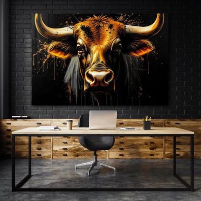 Abstrakter Stier in Gold, Tier Wandbild Kunst Leinwand, Acrylglas oder Poster Deko v6