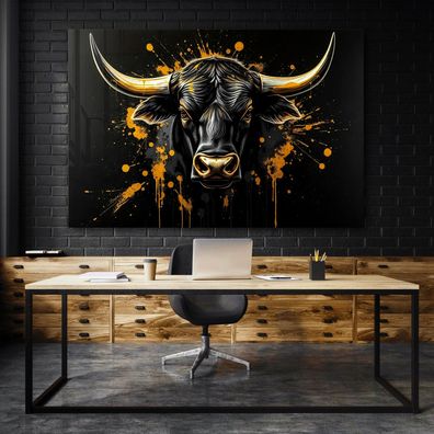 Abstrakter Stier in Gold, Tier Wandbild Kunst Leinwand, Acrylglas oder Poster Deko v9