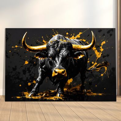 Abstrakter Stier in Gold, Tier Wandbild Kunst Leinwand, Acrylglas oder Poster Deko m2