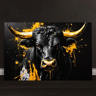Abstrakter Stier in Gold, Tier Wandbild Kunst Leinwand, Acrylglas oder Poster Deko m3