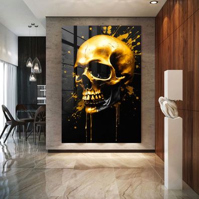 Abstrakter Totenkopf in Gold, Skull Wandbild Kunst Leinwand, Acrylglas, Poster v1