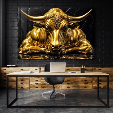 Abstrakter Stier in Gold, Tier Wandbild Kunst Leinwand, Acrylglas oder Poster Deko m8