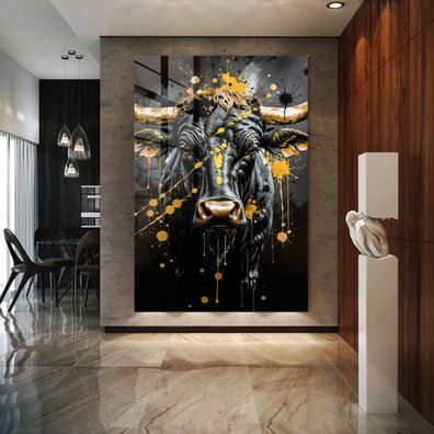 Abstrakter Stier in Gold, Tier Wandbild Kunst Leinwand, Acrylglas oder Poster Deko m9