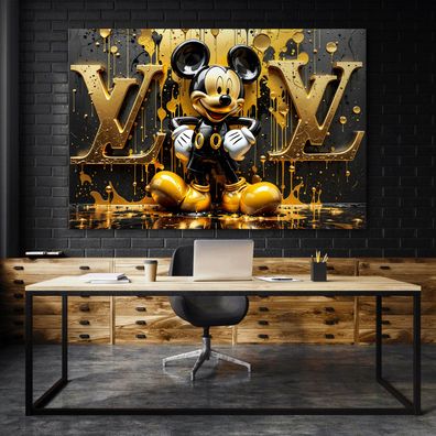 Luxusmodemarke LV, Goldene Micky Maus, Wandbild Kunst Bild, Leinwand, Acrylglas Art B
