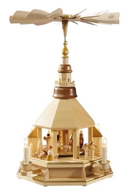 Pyramide Seiffener Kirche mit Christi Geburt natur, elektrisch original Erzgebirge