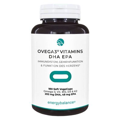 Ovega3 Vitamine, Algenöl DHA & EPA 250mg + B12, D3, K2, 180 VegeCaps von EnergyBalanc