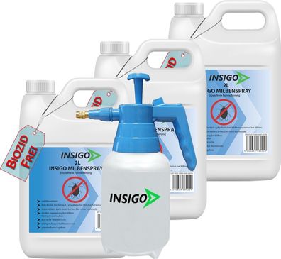 INSIGO 3x2L + 2L Sprüher Milbenspray Antimilbenmittel Milbenschutz Hausstaubmilben